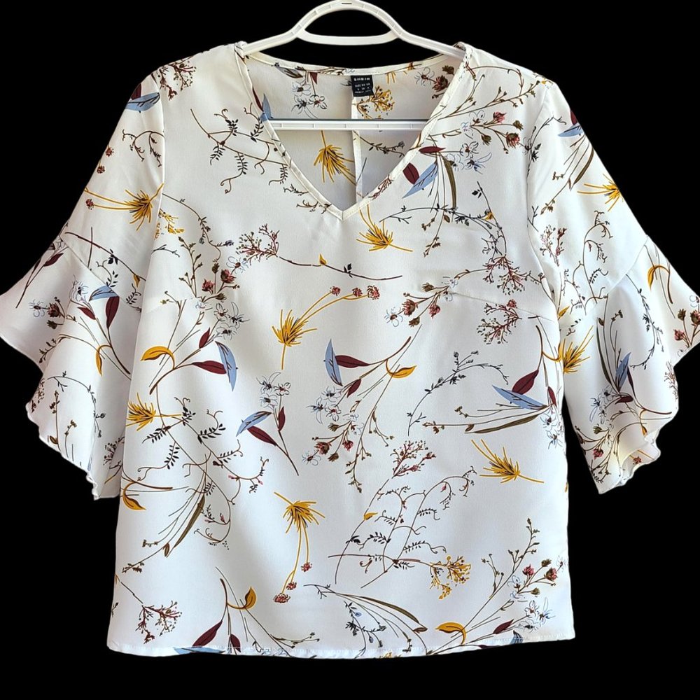 Shein Womens Size S Top Blouse 3/4 Sleeves Ruffled V-neck Floral Print